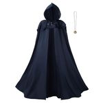 Regenboog Renaissance Hooded Cloak for Women Men,Adult Medieval Cape,Navy Blue Viking Cloak with Viking Sword Necklace, S