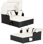 Multigot 2 Seater Rattan Daybed, Patio Double Wicker Recliner Sunbed with Retractable Canopy, 2 Folding Tables and Cushion, Outdoor Chaise Lounger Garden Furniture for Balcony Backyard (Off White)