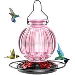 Glass Hummingbird Feeder for Outdoors Hanging, Bird Nectar Feeder with Perch & 5 Flower Feeding Ports, 26 Oz Leak Proof for Outside Garden Decor Backyard, Gifts for Women Mom, Pink