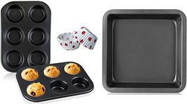 Bake House 8'' x 8'' Square Cake Baking Pan, Nonstick 8 Inch Metal Brownie Pan with Nonstick Aluminum 6 Cavity Muffin Tray with 50 Pieces Cupcake Muffin Liner