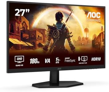 AOC Q27G42XNE 27 inch WQHD Gaming Monitor 180Hz, Fast VA Panel, 0.5ms MPRT, Adaptive Sync, HDR10, FreeSync, Speakers, (2560x1440 HDMI 2x 2.0 DP 1x 1.4) Black