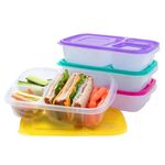 EasyLunchboxes 3-Compartment Bento Lunch Box Containers Brights (Set of 4). BPA-Free. Easy-Open Lids (Not Leakproof). for Kids and Adults. Work or School Lunches