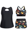 Holipick Women Plus Size 3 Piece Tankini Swimsuits Tummy Control Bathing Suits with Boy Shorts Tank Top with Sports Bra, Black Dinosaur, 20 Plus