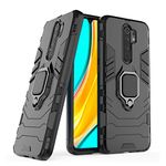 CEDO Rugged Redmi 9 Prime (4G) Defender Case | Rotating Ring Holder & Kickstand in-Built | Military Grade Armor | Bumper Back Cover (Black)