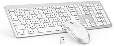 Wireless Keyboard and Mouse Combo - Full Size Slim Thin Wireless Keyboard Mouse with Numeric Keypad 2.4G Stable Connection Adjustable DPI (White & Silver)