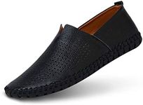 Men's Genuine Leather Loafer Shoes Slip On Soft Walking Shoes Perforated Driving Shoes, Black, 8.5