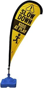 Teardrop Banner Flag Safety Sign with Fiberglass Poles and Weighted Base for Yards and Driveways -"Slow Down Kids at Play", Yellow