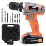 Terratek Cordless Drill Driver, 1HR Fast Charge 18V Lithium-Ion, 13Pc Electric Screwdriver Set, LED Work Light, Electric Drill Quick Change Power Battery with Charger & Carry Case Included