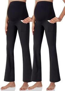 POSHDIVAH Women's Maternity Yoga Pants Work Lounge Stretchy Bootcut Flare Pants Pregnancy Dress Trousers for Business Casual 2PCS Black Small