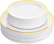 Aya's Cutlery Kingdom 60-Piece White Disposable Plastic Plates with Gold Rim - 30 Dinner Plates (10-Inch) and 30 Salad Plates (7.5-Inch) - Heavy-Duty Round Plates for Parties, Weddings, and Events