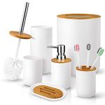 6 Pcs Bamboo and Plastic Bathroom Accessories Sets, Includes Toothbrush Cup, Toothbrush Holder, Soap Dispenser, Soap Dish, Toilet Brush with Holder, Trash Can, with 3 Pcs Toothbrushes (White)