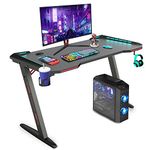 SK Depot™ Gaming Desk with RGB LED Lights, 39“, 47", 55" Z-shape Computer Desk Professional Gamer Work Station with Cup Holder Headphone Hook and Handle Rack, for Study, Game and Work (39" Z)