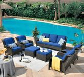 OMCCO 9 Seater Outdoor Conversation Set Patio Furniture Set All Weather Wicker Sectional Couch with Ottoman for Garden, Lawn, Terreace, Poolside, Backyard (Blue)