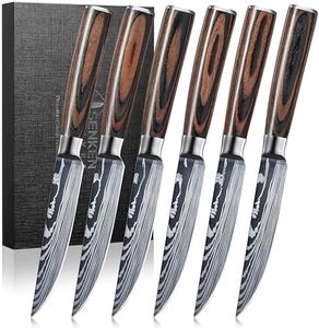 SENKEN Non-Serrated Steak Knife Set with Damascus Pattern - Razor Sharp Straight Edge Blade, Stainless Steel & Wood Handle (Steak Knives Set of 6)