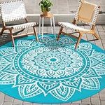 famibay Round Outdoor Rug 6Ft Boho Mandala Waterproof Outdoor Patio Carpet Plastic Straw Lightweight Patio Rugs Outdoor Portable Outside Area Rug for Patio Deck Balcony RV Camping (Teal)