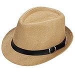 Men Women Panama Hat Fedora Trilby Straw Sun Hat Leather Belt Cap Hat Summer Beach Sun Hat Rollable Packable Straw-Fedora Hat 56-58CM Brown