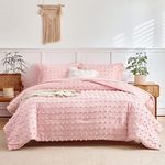 7 Pieces Tufted Dots Bed in a Bag Queen Comforter Set Girls Pink , Soft and Embroidery Shabby Chic Boho Comforters, Luxury Solid Color with Pom Pom Design, Jacquard Tufts Bedding Set for All Season