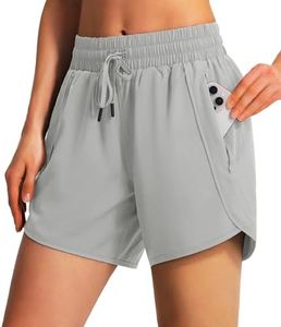 Ksmien Women's 5"/ 7" Athletic Running Shorts Quick Dry Lightweight Workout Gym Shorts with Zipper Pockets UPF 50+ Bright Grey XS