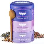 JusTea PURPLE TEA TRIO | 3 Flavour Tin Variety Pack with Hand Carved Tea Spoon| 45+ Cups of Loose Leaf Tea | Very Low Caffeine | Fair Trade | Non-GMO