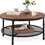 Best Choice Products 2-Tier 35.5in Round Industrial Coffee Table, Rustic Steel Accent Table for Living Room, w/Wooden Tabletop, Reinforced Crossbars, Padded Feet, Open Shelf, Raised Bottom - Brown