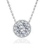 KRKC Diamond Pendant Necklace for Women, Moissanite Halo Pendant Necklace in 18K White Gold, Round-cut Lab Grown Diamond, Sterling Silver D Color VVS1 Adjustable 16+2 inches Chain Valentines Day Gift for Mom Girls Wife