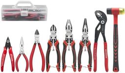 HOUSERAN 8-Piece Tool Set with Case Including 10” Groove Joint Pliers, 8.3” Long Nose, 8.3” Linesman, 7.5” Diagonal, 6” Flush Cutter, 5” Long Nose, 5” 170 Cutter, 25mm Rubber Mallet for DIY & Home Use