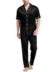 SWOMOG Men's Silk Satin Pyjama Set Short Sleeve Button Down Shirt with Long Pants Silky Pjs Notch Collar Loungewear Black