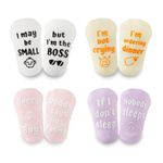 INNObeta Baby Socks Set with Funny Quotes (4 Pairs) Newborn/Infant Socks for Baby Shower, Gender Reveal, Christmas, New Parents – Anti Slip, Gift Box Included, 3-12 Months, Baby Girl