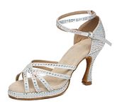 Minishion Women's Dance Heel Platform Toe Rhinestone Dancing Shoes L458, L488# Satin Upper White, 8