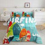 Surfboard Surf Comforter Set Twin Size,Blue Rustic Farmhouse Wood Board Duvet Insert Sun Flower Palm Tree Silhouette Bedding Set for Kids Teens Adults,Hawaiian Ocean Style Quilted Duvet,1 Pillowcase