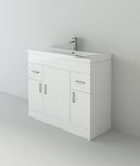 VeeBath Sobek High Gloss White Free Standing Basin Vanity Cabinet Unit with 2 Swing Doors & Rectangular Sink Flatpack (1000mm)