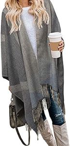 Bestshe Women's Boho Open Front Poncho Knitted Plaid Shawl Wrap Cape Tassel Cardigan Sweater, #12 Grey, One Size