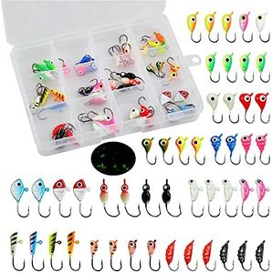 Ice Fishing Jigs Kit- Ice Fishing Lures Metal Hard Bait Saltwater Jigging Lures for Winter Fishing Crappie Sunfish with Plastic Box 18PCS/48PCS