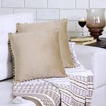 Amazon Brand - Umi Velvet Pompom Cushion Cover 16x16 Inch - Set of 2 Large Square Throw Pillow Covers for Sofa Living Room or Home Decor in Beige Color