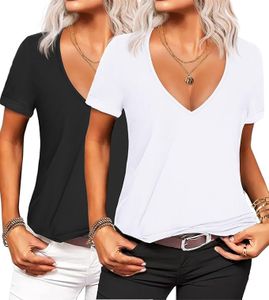 Beyove Women V Neck Black and White T Shirt Pack Summer Short Sleeve Loose Casual Tee Shirt Black White