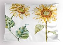 Ambesonne Watercolor Pillow Sham, Alluring Sunflowers Summer Inspired Design Agriculture, Decorative Standard Queen Size Printed Pillowcase, 30" X 20", Yellow Green