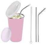 KREZON Stainless Steel Sipper for Kids with Straw Glass for Kids Milk Tumbler with Straw and Lid Sippy Cup with Gum Protection for Kids 2 Straw and 1 Cleaning Brush (370ML, 1-4 Years) (Pink)