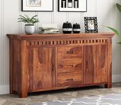 Budhakish Furniture Wooden Sideboard Cabinet for Living Room, Drawing Room, Office & Lounge, Material: Solid Sheesham Wood, Storage Type: 2 Doors & 3 Drawers, Finish: Honey