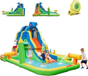 DREAMADE 9-in-1 Hüpfburg mit Wasserrutsche, Aufblasbare Hüpfburg Elefant mit Kletterwand, Wasserpistole, Ballwurfspiele & Basketballkorb, Outdoor/Indoor für Kinder 3-10 Jahre (mit 680W Gebläse)
