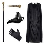 Plague Doctor Costume, Plague Doctors Mask Retro Gothic Halloween Costume Props Long Nose Bird Steampunk Mask Masquerade Black Hooded Cloak Cape,Cane, Black Gloves for Halloween Party Cosplay