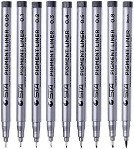Set di 9 fineliner neri per disegno artistico, scuola, calligrafia, belle arti, disegno tecnico, comic, manga; liner neri con penna microporosa a punta fine di diverse dimensioni