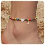 Honsny Ankle Bracelets for Women Initial Anklets Waterproof Boho Beaded Dainty Ankle Bracelets for Teen Letter Heart Handmade Adjustable Foot Chain Anklet Summer Vacation Colorful Jewelry Gift