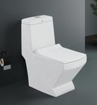 Hisre Premium Western Floor Mounted One Piece Water Closet Ceramic Western Toilet/Commode/European Commode Square With Soft Close Seat Cover For Lavatory, Toilets (STUD)