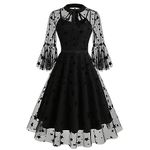 Women Mesh Floral Embroidery Vintage Cocktail Swing Dress Illusion 50s Goth Flared A line Casual Wedding Prom Evening Dress, Black Stars, Small