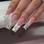 GlamRays French Tip Press On Nails Long Square False Nails Shiny Coffin Artificial Nails with Bow and Rhinestones White French Tip with Pearl Designs Acrylic Nails Pack of 24