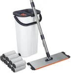 Easywring Washable Mop and Bucket with Wringer Set for Home, Durable and Sturdy Aluminum Flat Mop Head, 2-Chamber, Wet and Dry for All Surfaces, with 8 Reusable Microfiber Mop Pads 16 inch