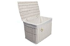 woodluv Large White Wicker Storage Basket,Storage Chest Trunk Hamper W/Cloth Linning