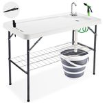 Avocahom Folding Fish Cleaning Table with Collapsible Bucket, Portable Outdoor Fillet Station Camping Sink Table with Faucet, Drainage Hose & Sprayer, Grid Rack, Knife Groove for Picnic Fishing