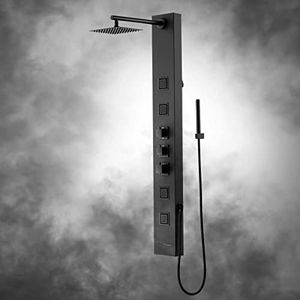 Achelous Square Rainfall Shower Head Panel System with Thermostatic,Stainless Steel High Pressure Turbo Body Jets Waterfall Shower Tower,Brass Handheld Wand in Matte Black