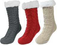 Sooneeya Slipper Socks for Women with Grips Non Slip Thick Warm Cozy Soft House Slipper Socks Christmas Gifts Grey Red Light Khaki -3 Pair